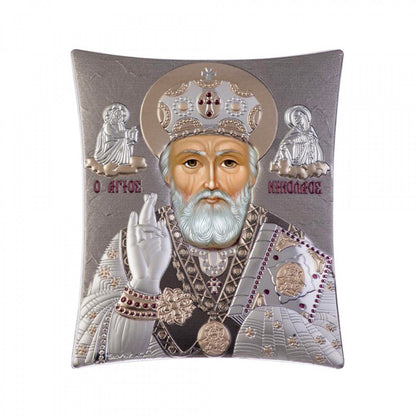 Saint Nicholas icon, Handmade Silver 925 Greek Orthodox St Nick icon, Byzantine art wall hanging wood plaque icon, religious icon home decor - TheHolyArt