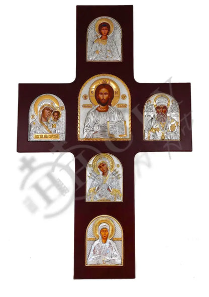 Jesus Christ icon, The Cross w Virgin Mary Archangel Michael St Nicholas St Matrona Handmade Silver 999 Greek Orthodox icon of Our Lord, Byzantine art wall hanging on wood plaque religious icon decor gift - TheHolyArt