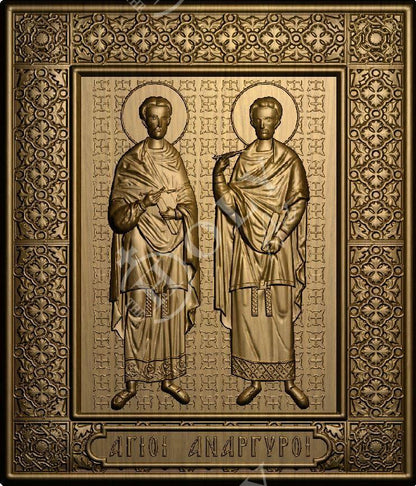 Saint Cosmas and Damian icon, Handmade Hand Carved Wooden Greek Orthodox Icon of Agioi Anargyroi, Byzantine art wall hanging plaque Patron Saints of Medicine - TheHolyArt