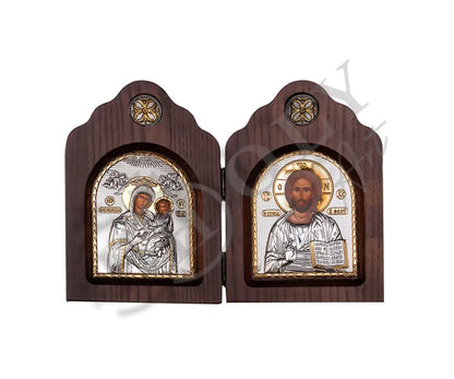 Diptych Jesus Christ Blessing and Virgin Mary icon Panagia, Handmade Silver 999 Greek Orthodox icon, Byzantine art wall hanging on wood plaque religious icon (Copy) - TheHolyArt