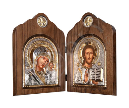 Diptych Jesus Christ Blessing and Virgin Mary icon Panagia Kazan, Handmade Silver 999 Greek Orthodox icon, Byzantine art wall hanging on wood plaque religious icon - TheHolyArt