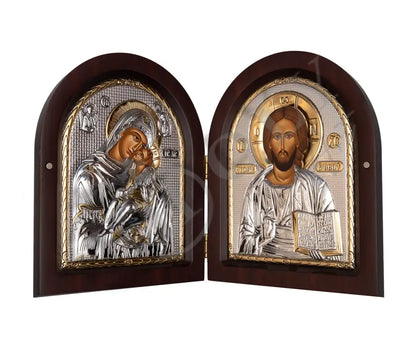 Diptych Jesus Christ Blessing and Virgin Mary icon Panagia SweetKissing, Handmade Silver 999 Greek Orthodox icon, Byzantine art wall hanging on wood plaque religious icon - TheHolyArt