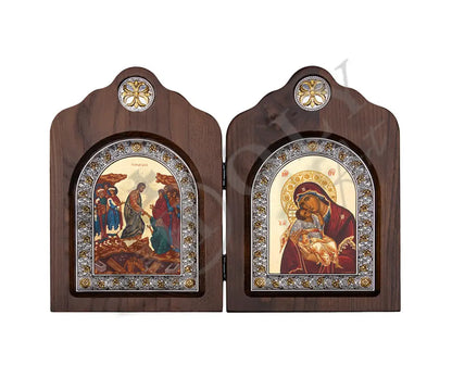 Diptych Jesus Christ Resurrection and Virgin Mary icon Panagia, Handmade Silver 999 Serigraphy Greek Orthodox icon, Byzantine art wall hanging on wood plaque religious icon - TheHolyArt