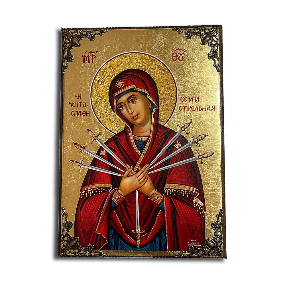 Virgin Mary of the Seven Swords Greek Orthodox serigraphy icon on wood with metal corners - TheHolyArt