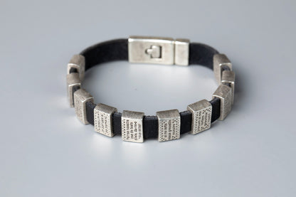 Leather Prayer Bracelet with Silver-Plated Prayer Plaques - TheHolyArt