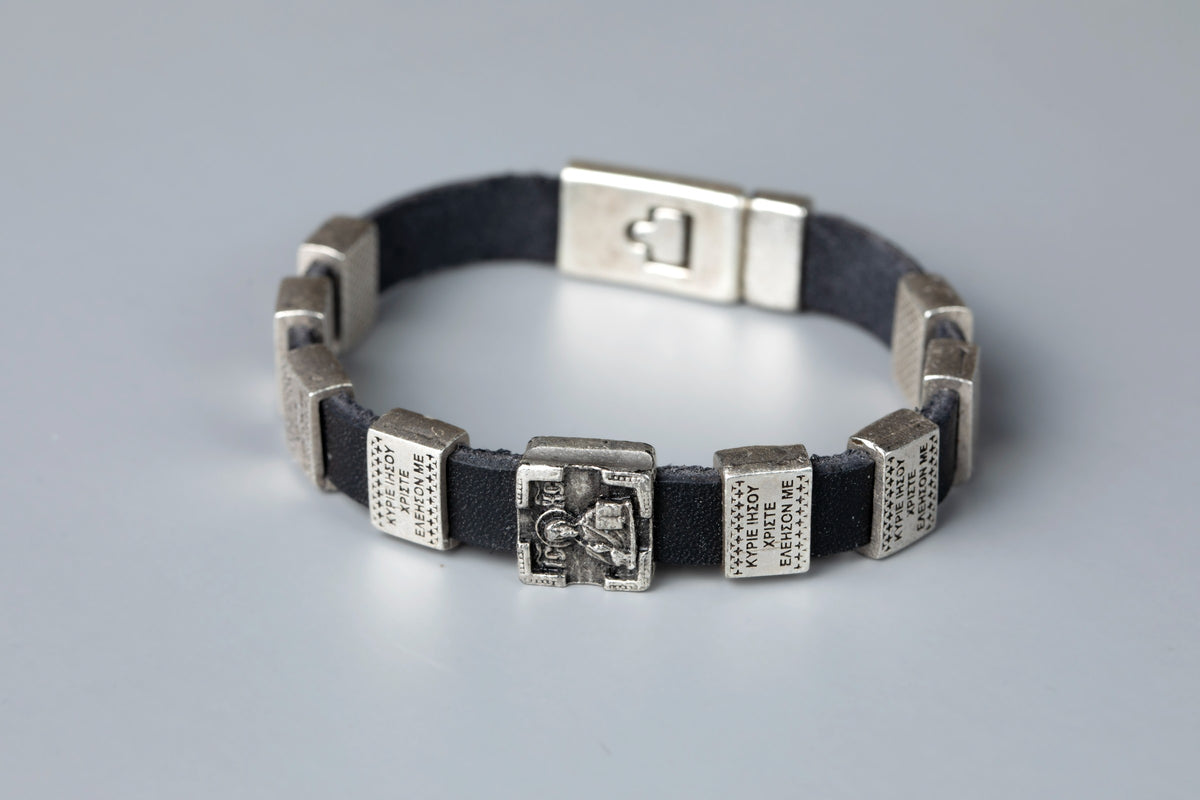 Leather Prayer Bracelet with Silver-Plated Prayer Plaques - TheHolyArt