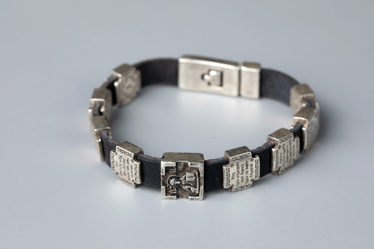 Leather Prayer Bracelet with Silver-Plated Prayer Plaques - TheHolyArt