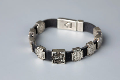 Leather Prayer Bracelet with Silver-Plated Prayer Plaques - TheHolyArt