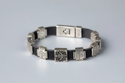 Leather Prayer Bracelet with Silver-Plated Prayer Plaques - TheHolyArt