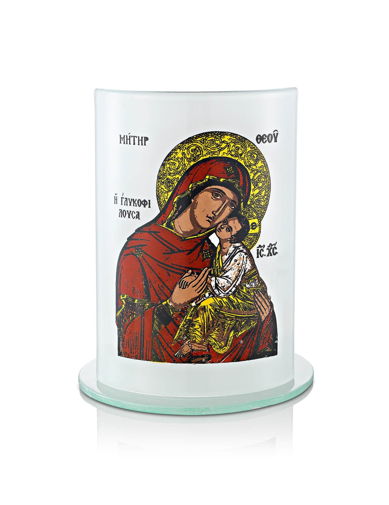 Orthodox vigil lamp Virgin Mary Glykofilousa design – front view | TheHolyArt