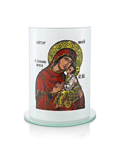 Orthodox vigil lamp Virgin Mary Glykofilousa design – front view | TheHolyArt