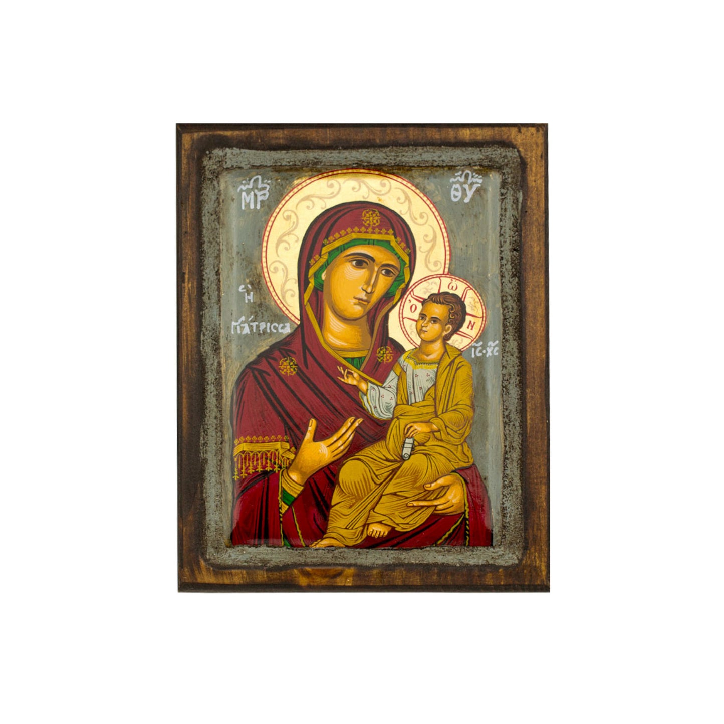 Virgin Mary icon Panagia Giatrissa Vintage Canvas Serigraphy Handmade Greek Orthodox icon of Theotokos Byzantine art wall hanging wood, religious plaque