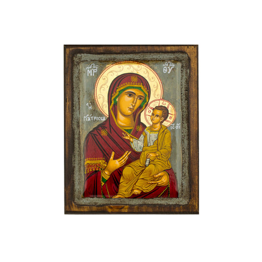 Virgin Mary icon Panagia Giatrissa Vintage Canvas Serigraphy Handmade Greek Orthodox icon of Theotokos Byzantine art wall hanging wood, religious plaque