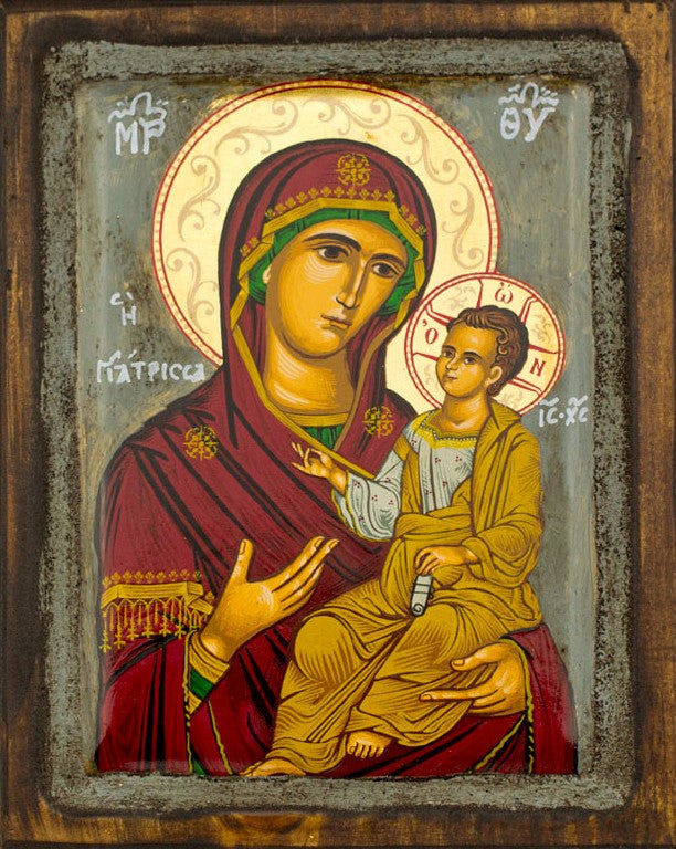 Virgin Mary icon Panagia Giatrissa Vintage Canvas Serigraphy Handmade Greek Orthodox icon of Theotokos Byzantine art wall hanging wood, religious plaque