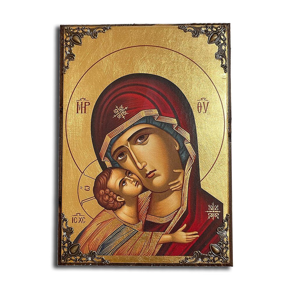 Virgin Mary Glykophilousa Greek Orthodox serigraphy icon on wood with metal corners - TheHolyArt