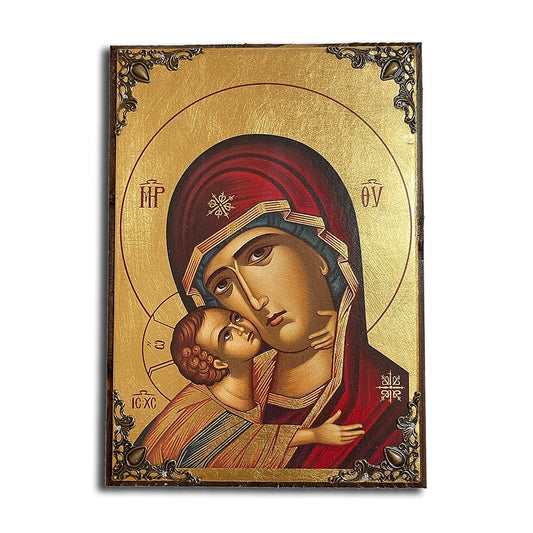 Virgin Mary Glykophilousa Greek Orthodox serigraphy icon on wood with metal corners - TheHolyArt