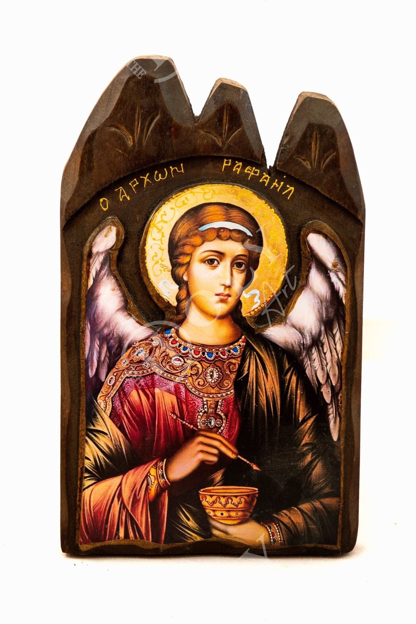 Archangel Raphael icon, Handmade Greek Orthodox icon, Byzantine art wall hanging wood plaque 38x25cm, religious decor TheHolyArt