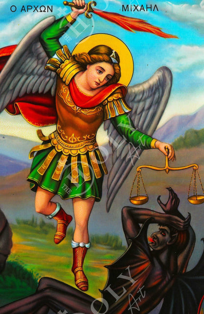 Archangel Michael icon, Handmade Greek Orthodox icon of St Michael, Byzantine art wall hanging on wood plaque religious icon, religious gift - TheHolyArt
