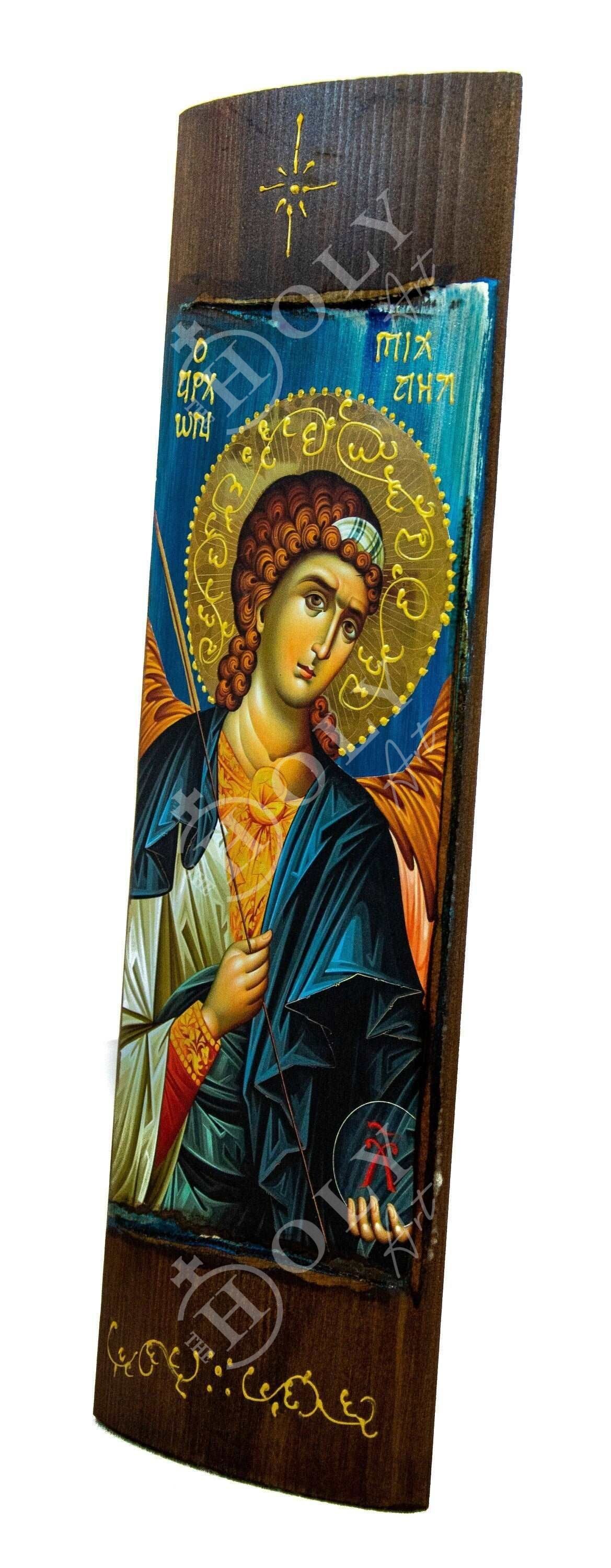 Archangel Michael icon, Handmade Greek Orthodox icon of St Michael, Byzantine art wall hanging on wood plaque icon, religious decor TheHolyArt