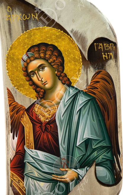Archangel Gabriel icon, Handmade Greek Orthodox icon of St Gabriel, Byzantine art wall hanging on wood plaque 38x17cm, religious decor - TheHolyArt