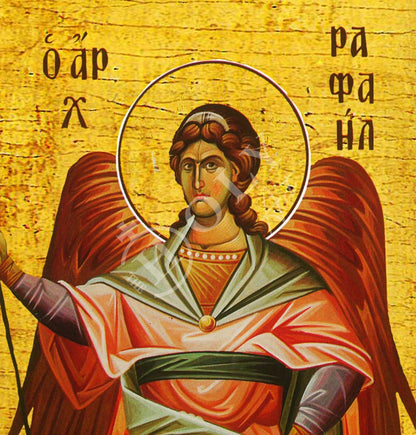 Archangel Raphael icon, Handmade Greek Orthodox icon of St Raphael, Byzantine art wall hanging on wood plaque religious icon, religious gift - TheHolyArt