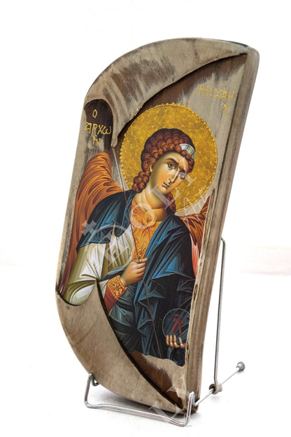 Archangel Michael icon, Handmade Greek Orthodox icon of St Michael, Byzantine art wall hanging on wood plaque 38x17cm, religious decor - TheHolyArt