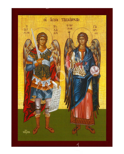 Archangel Michael & Archangel Gabriel icon, Byzantine art wall hanging, Greek Catholic Orthodox icon wood plaque religious gift - TheHolyArt