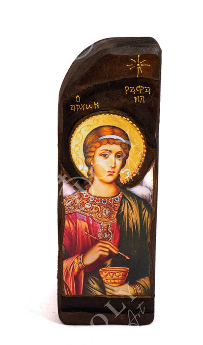 Archangel Raphael icon, Handmade Wooden Greek Orthodox icon, Byzantine art wall hanging icon on wood plaque, religious decor - TheHolyArt
