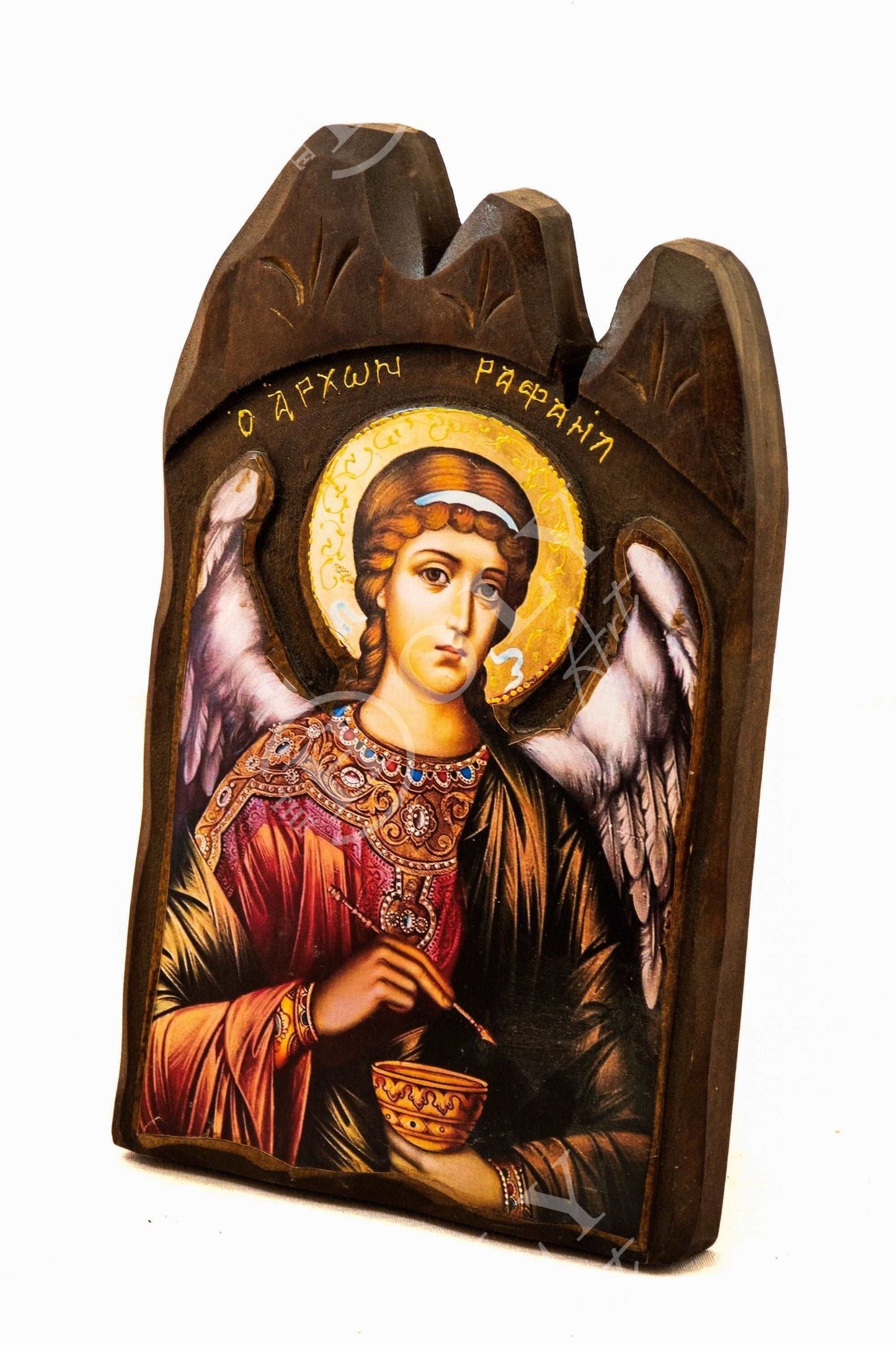 Archangel Raphael icon, Handmade Greek Orthodox icon, Byzantine art wall hanging wood plaque 38x25cm, religious decor TheHolyArt