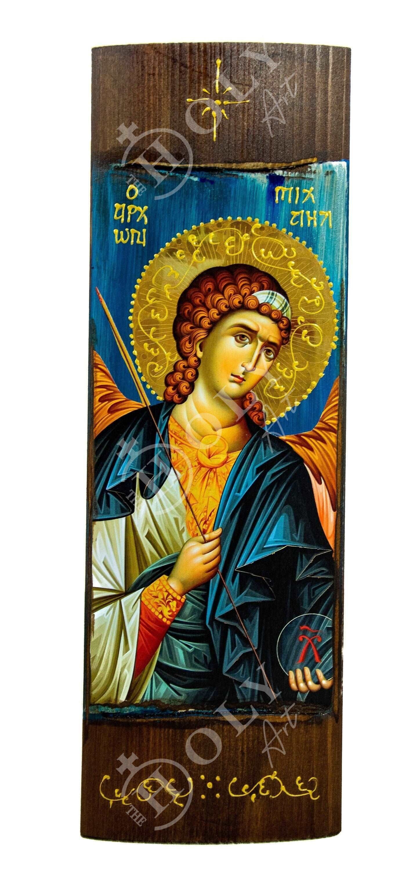 Archangel Michael icon, Handmade Greek Orthodox icon of St Michael, Byzantine art wall hanging on wood plaque icon, religious decor TheHolyArt