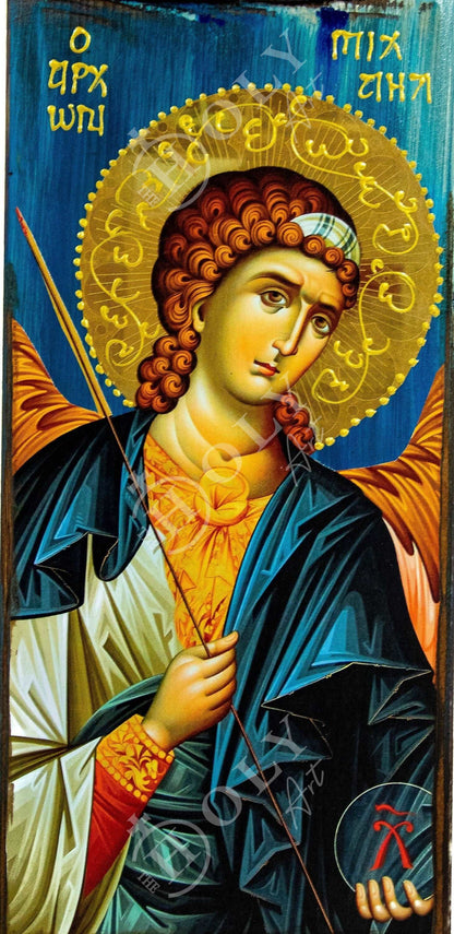Archangel Michael icon, Handmade Greek Orthodox icon of St Michael, Byzantine art wall hanging on wood plaque icon, religious decor - TheHolyArt
