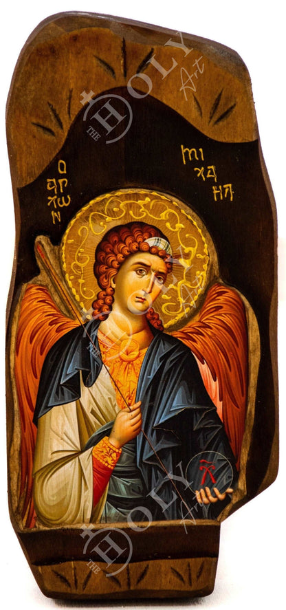 Archangel Michael icon, Handmade Greek Orthodox icon of St Michael, Byzantine art wall hanging on wood plaque, religious decor - TheHolyArt