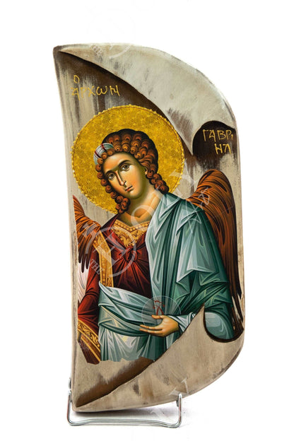 Archangel Gabriel icon, Handmade Greek Orthodox icon of St Gabriel, Byzantine art wall hanging on wood plaque 38x17cm, religious decor - TheHolyArt