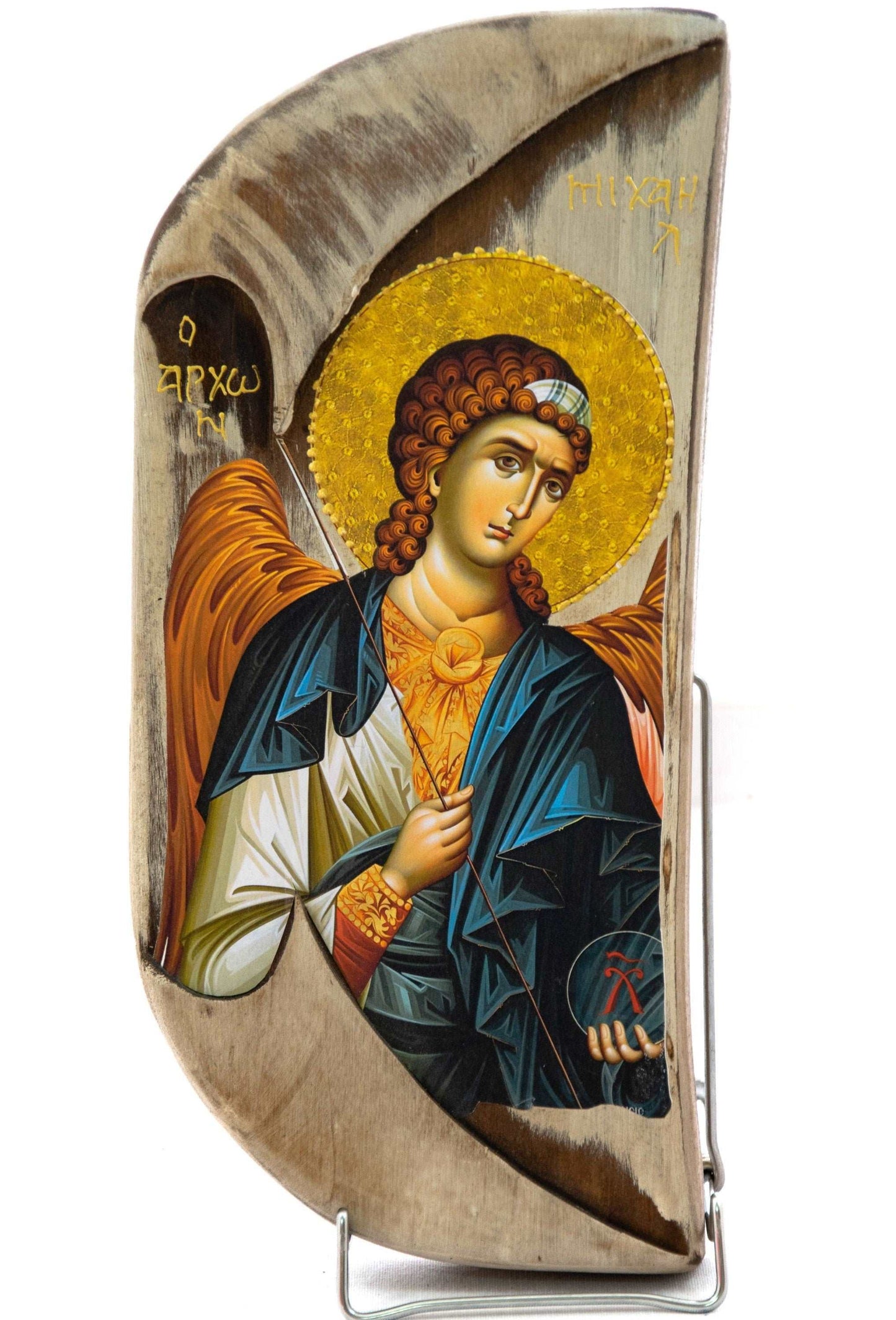 Archangel Michael icon, Handmade Greek Orthodox icon of St Michael, Byzantine art wall hanging on wood plaque 38x17cm, religious decor TheHolyArt