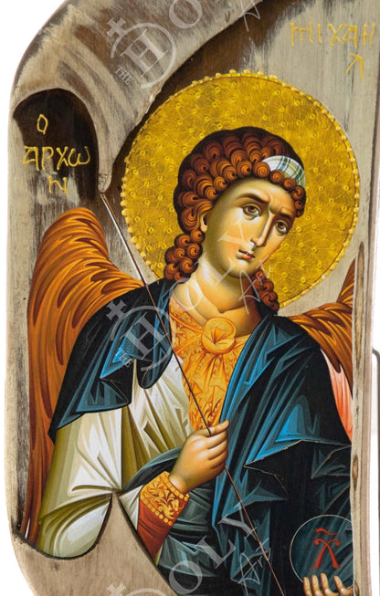 Archangel Michael icon, Handmade Greek Orthodox icon of St Michael, Byzantine art wall hanging on wood plaque 38x17cm, religious decor - TheHolyArt