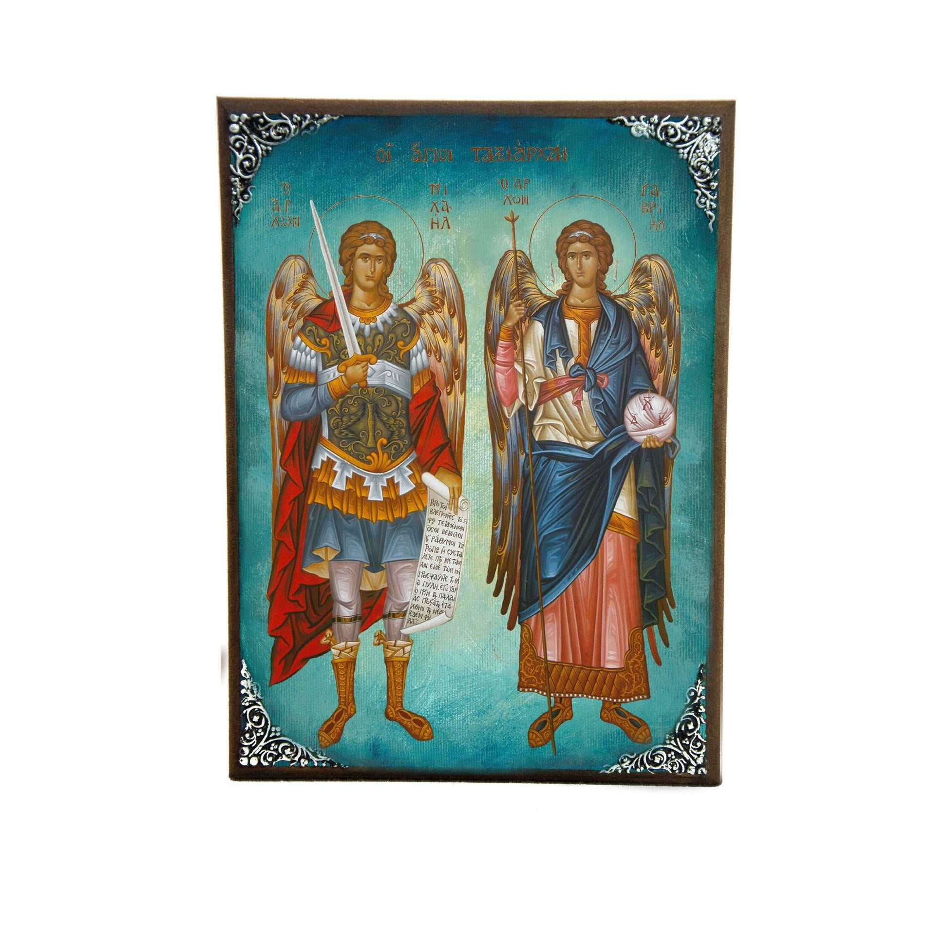 Archangel Michael & Archangel Gabriel icon, Taksiarxes Byzantine art wall hanging Greek Catholic Orthodox icon wood plaque religious gift TheHolyArt