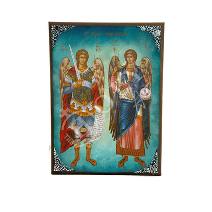 Archangel Michael & Archangel Gabriel icon, Taksiarxes Byzantine art wall hanging Greek Catholic Orthodox icon wood plaque religious gift - TheHolyArt