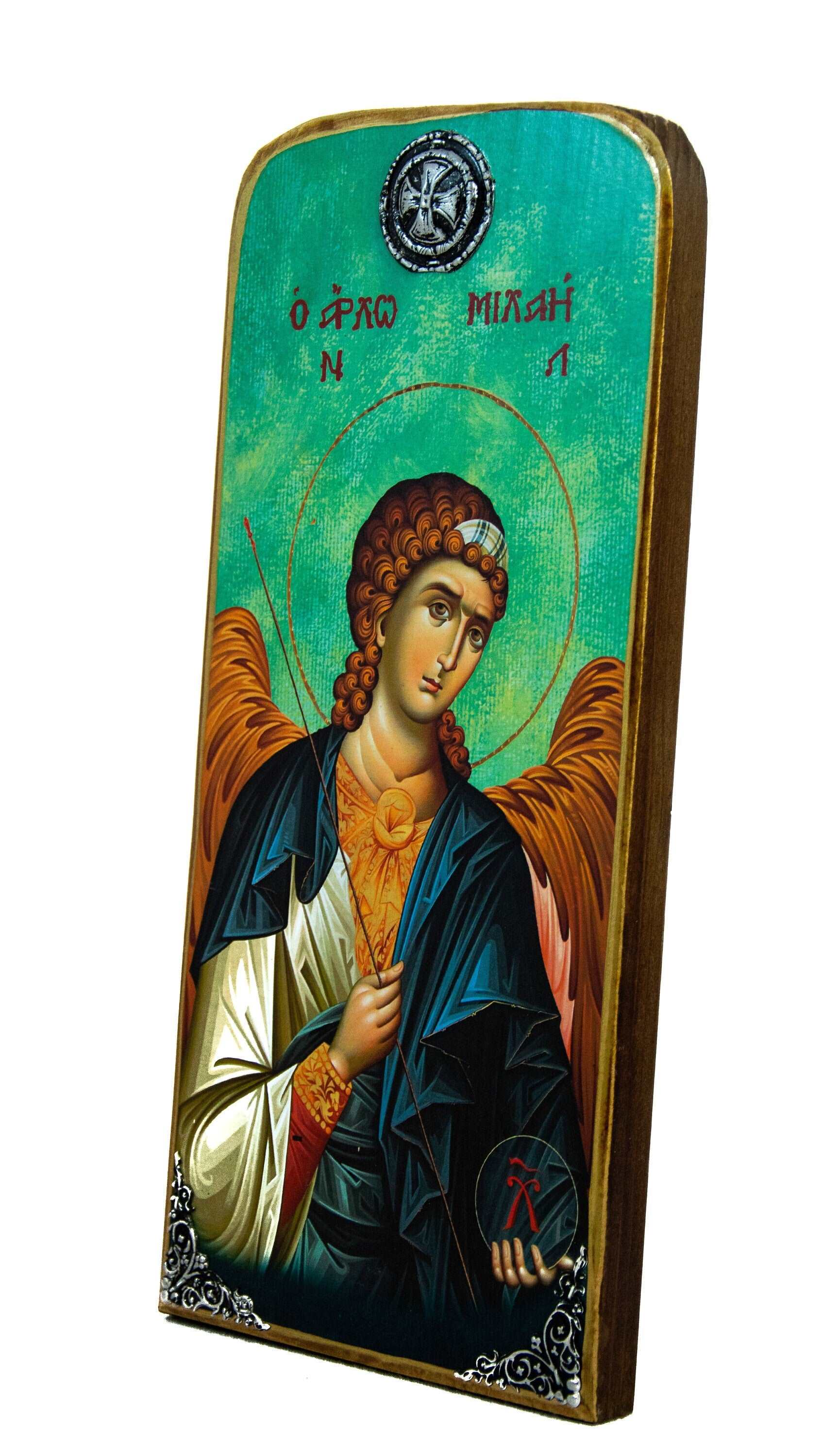 Archangel Michael icon, Handmade Greek Orthodox icon of St Michael, Byzantine art wall hanging on wood plaque, religious decor TheHolyArt