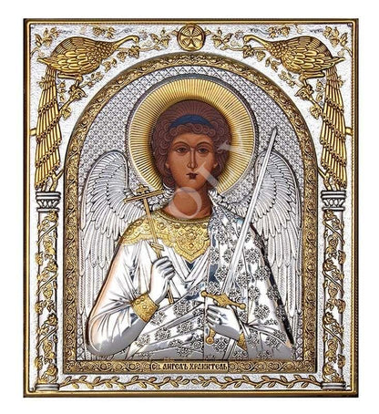 Archangel Michael icon , Handmade Silver 999 Greek Orthodox icon of St Michael, Byzantine art wall hanging on wood religious plaque gift - TheHolyArt