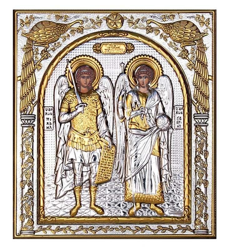 Archangel Michael & Archangel Gabriel icon , Handmade Silver 999 Greek Orthodox icon, Byzantine art wall hanging on wood religious plaque