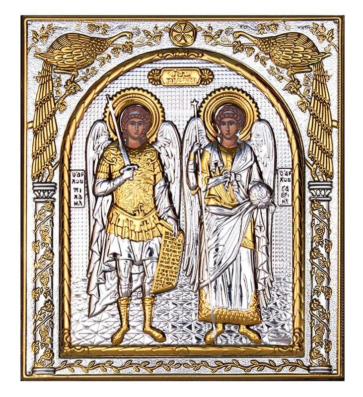 Archangel Michael & Archangel Gabriel icon , Handmade Silver 999 Greek Orthodox icon, Byzantine art wall hanging on wood religious plaque