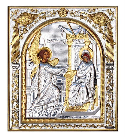 Virgin Mary icon Panagia Annunciation, Handmade Silver 999 Greek Orthodox icon, Byzantine art wall hanging on wood plaque religious icon - TheHolyArt