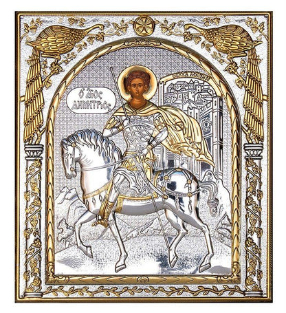 Saint Demetrius icon , Handmade Silver 999 Greek Orthodox icon of St Demetrios, Byzantine art wall hanging on wood religious plaque gift - TheHolyArt