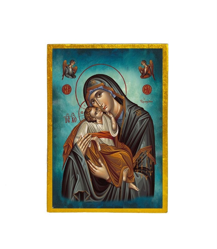 Virgin Mary icon Panagia Glykophilousa, Handmade Greek Orthodox Icon, Mother of God Byzantine art, Theotokos wall hanging wood plaque gift