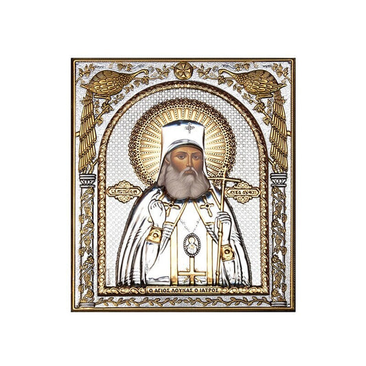Saint Luke icon, Handmade Silver 999 Greek Orthodox icon St Lucas of Crimea , Byzantine art wall hanging wood plaque religious icon decor