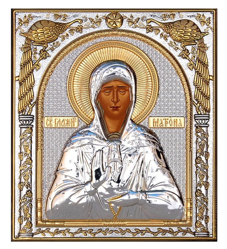 Saint Matrona icon, Handmade Silver 999 Greek Orthodox icon of St Matrona of Moscow, Byzantine art wall hanging on wood religious plaque