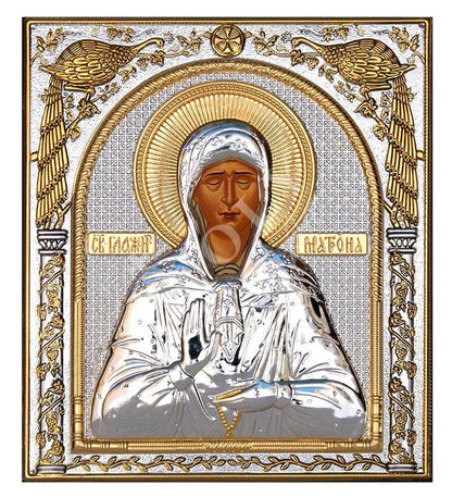 Saint Matrona icon, Handmade Silver 999 Greek Orthodox icon of St Matrona of Moscow, Byzantine art wall hanging on wood religious plaque - TheHolyArt