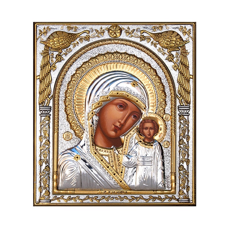 Virgin Mary icon Panagia Kazan, Handmade Silver 999 Greek Orthodox icon, Byzantine art wall hanging on wood plaque religious icon gift
