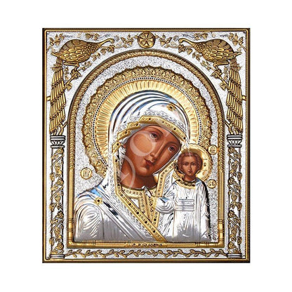 Virgin Mary icon Panagia Kazan, Handmade Silver 999 Greek Orthodox icon, Byzantine art wall hanging on wood plaque religious icon gift - TheHolyArt