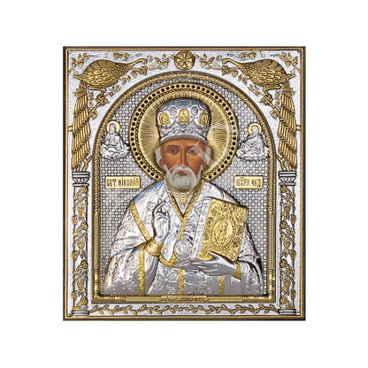 Saint Nicholas icon, Handmade Silver 999 Greek Orthodox St Nick icon, Byzantine art wall hanging wood plaque icon, religious icon home decor - TheHolyArt